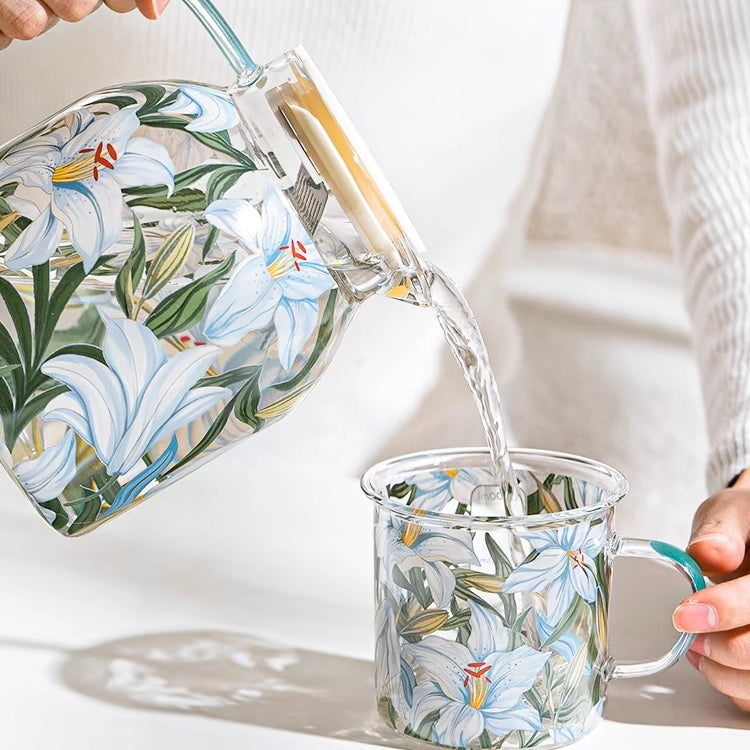 Glass - Water Pitcher Jug - Floral Printed - Blue Lillies