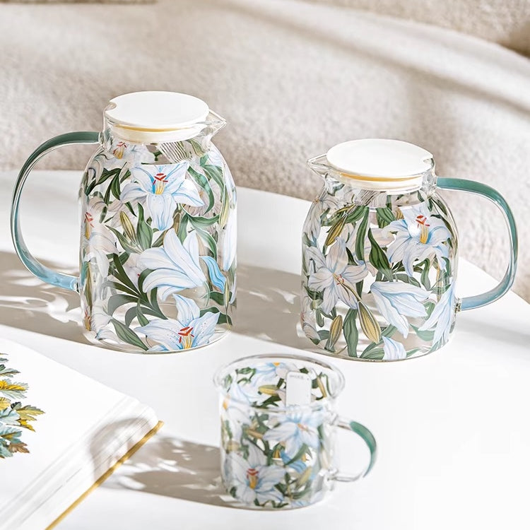 Glass - Water Pitcher Jug - Floral Printed - Blue Lillies