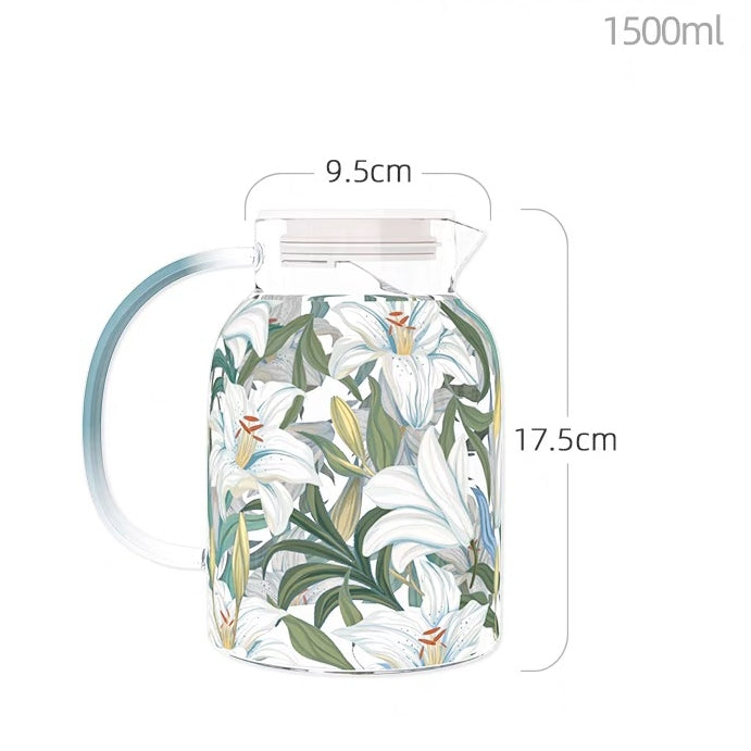 Glass - Water Pitcher Jug - Floral Printed - Blue Lillies