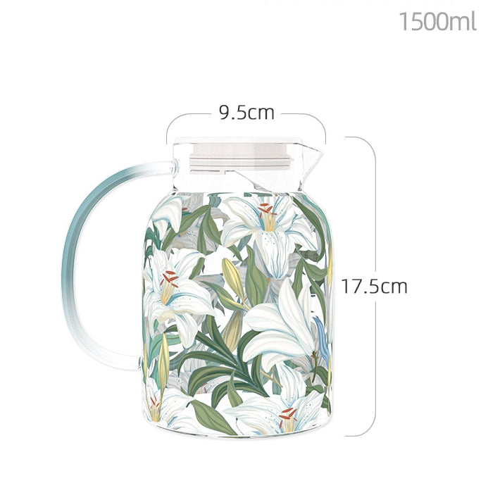 Glass - Water Pitcher Jug - Floral Printed - Blue Lillies