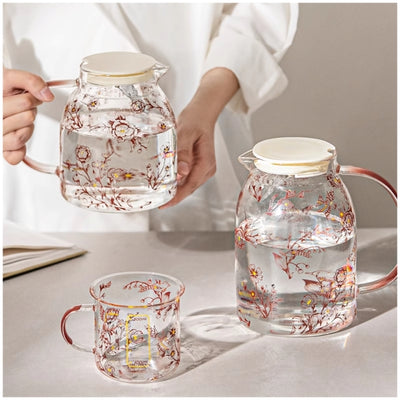Glass Borosilicate - Water Pitcher Jug - 1100 ml - Floral Printed - Cherry Blossom
