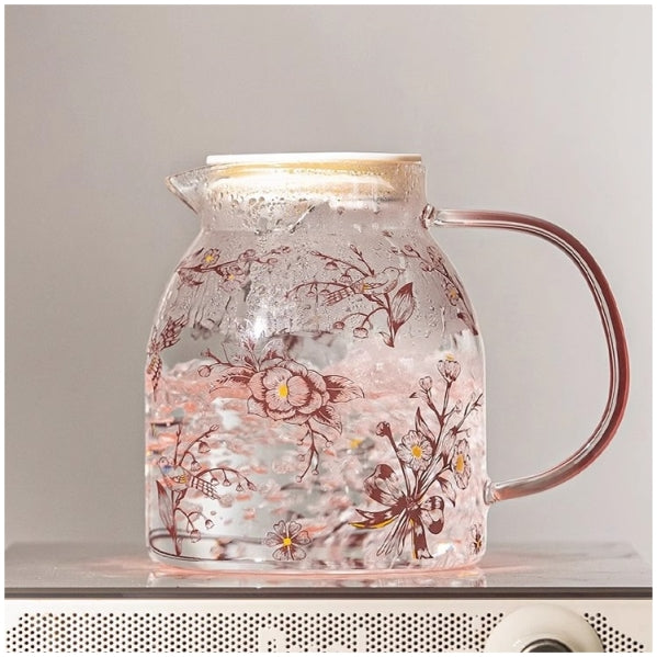 Glass Borosilicate - Water Pitcher Jug - 1100 ml - Floral Printed - Cherry Blossom