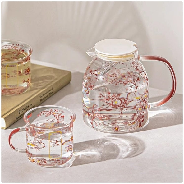 Glass Borosilicate - Water Pitcher Jug - 1100 ml - Floral Printed - Cherry Blossom