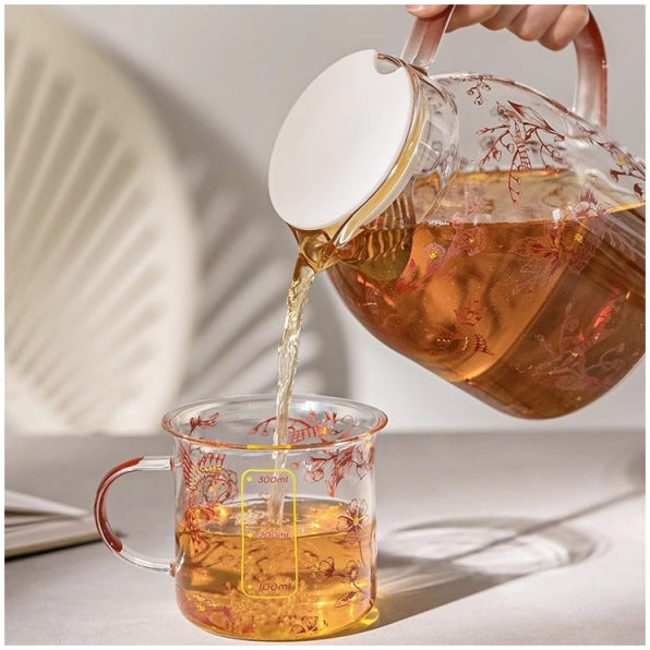 Glass Borosilicate - Water Pitcher Jug - 1100 ml - Floral Printed - Cherry Blossom