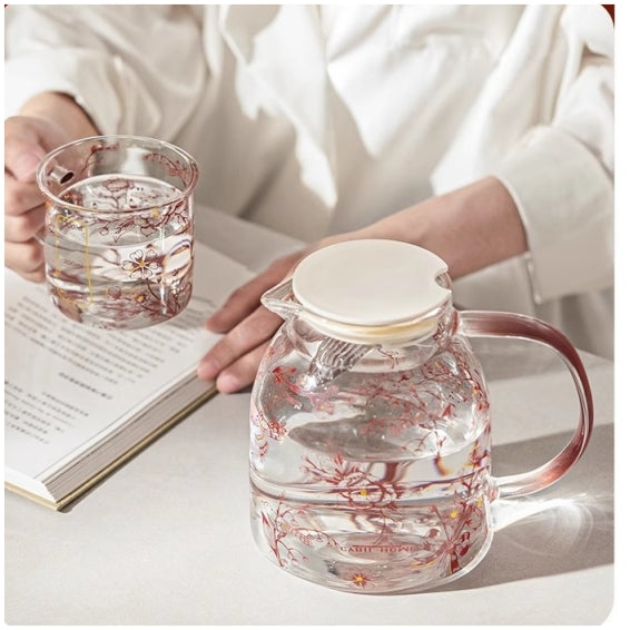 Glass Borosilicate - Water Pitcher Jug - 1100 ml - Floral Printed - Cherry Blossom