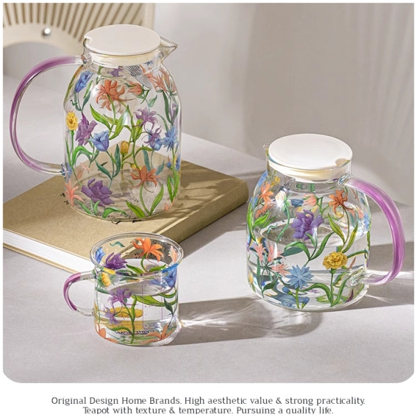 Glass Borosilicate - Water Pitcher Jug - 1100 ml - Floral Printed - Wild Flower