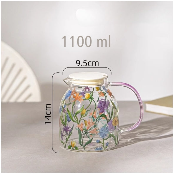 Glass Borosilicate - Water Pitcher Jug - 1100 ml - Floral Printed - Wild Flower