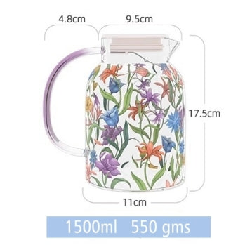 Glass Borosilicate - Water Pitcher Jug 1500 ml - Floral Printed - Wild Flower