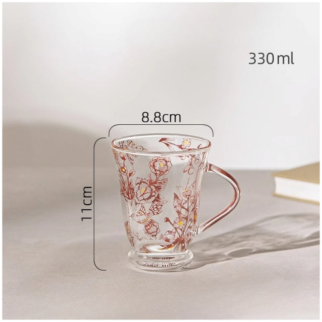 Glass Borosilicate - Tea Coffee Water Vintage Tall Mug Set of 2 - Floral Printed - Cherry Blossom