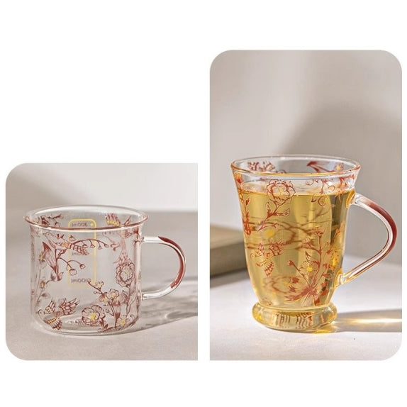 Glass Borosilicate - Tea Coffee Water Vintage Tall Mug Set of 2 - Floral Printed - Cherry Blossom