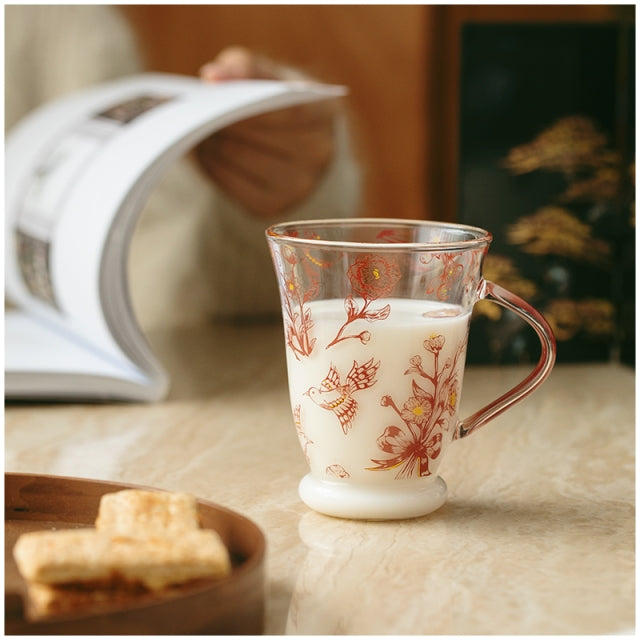 Glass Borosilicate - Tea Coffee Water Vintage Tall Mug Set of 2 - Floral Printed - Cherry Blossom