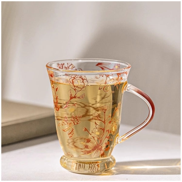 Glass Borosilicate - Tea Coffee Water Vintage Tall Mug Set of 2 - Floral Printed - Cherry Blossom