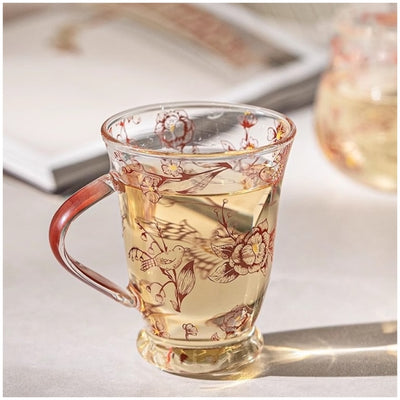 Glass Borosilicate - Tea Coffee Water Vintage Tall Mug Set of 2 - Floral Printed - Cherry Blossom