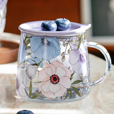 Glass Borosilicate - Tea Coffee Water Mug with Lid, Set of 2 - Floral Printed - Lilac Floral