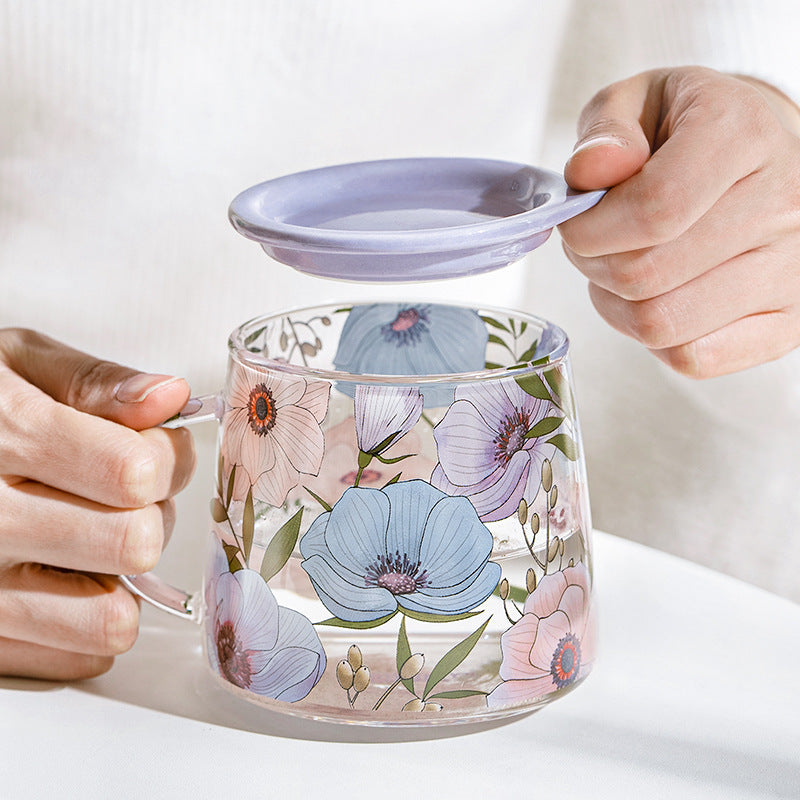 Glass Borosilicate - Tea Coffee Water Mug with Lid, Set of 2 - Floral Printed - Lilac Floral