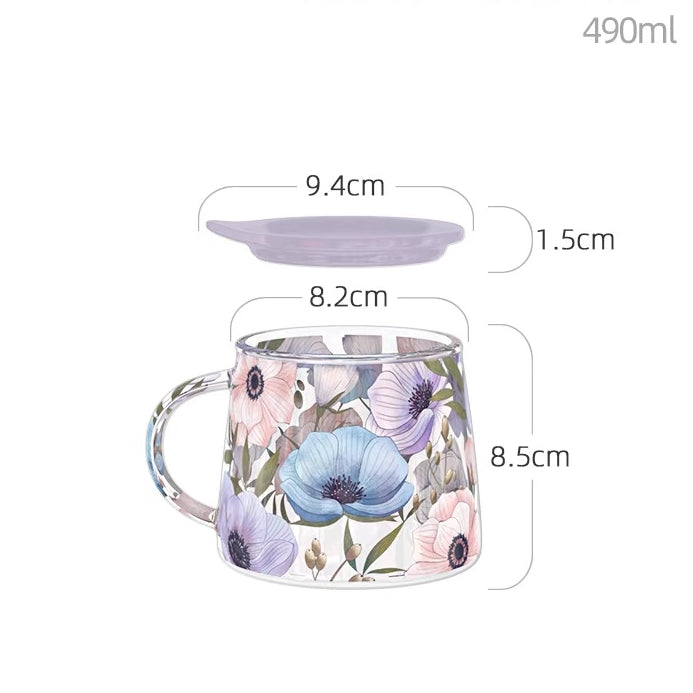 Glass Borosilicate - Tea Coffee Water Mug with Lid, Set of 2 - Floral Printed - Lilac Floral