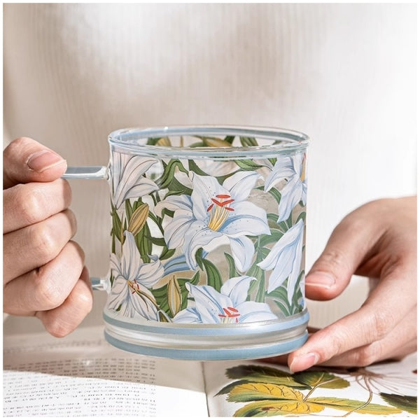 Glass Borosilicate - Tea Coffee Water Mug Double Ring, Set of 2 - Floral Printed - Blue Lily