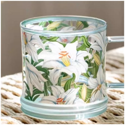 Glass Borosilicate - Tea Coffee Water Mug Double Ring, Set of 2 - Floral Printed - Blue Lily