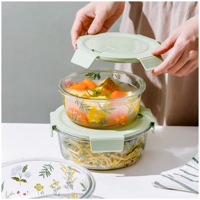 Glass Borosilicate - Container - Round - 700ml Divided - Floral Printed - Spring