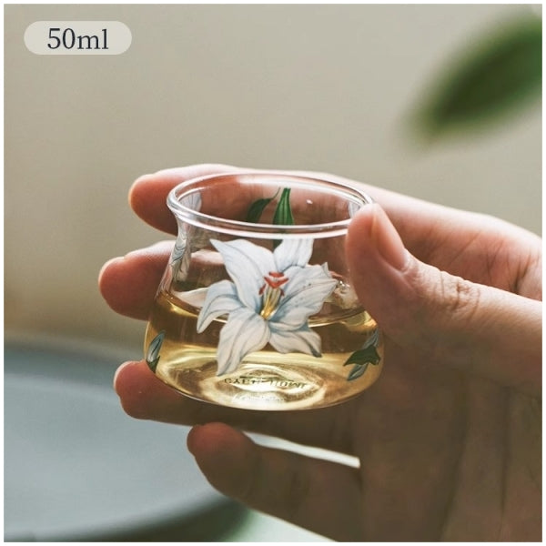 Glass Borosilicate - Tea Coffee Espresso Cup 50ml, Set of 2 - Floral Printed - Frangipani White