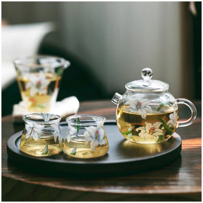 Glass Borosilicate - Tea Coffee Espresso Cup 50ml, Set of 2 - Floral Printed - Frangipani White