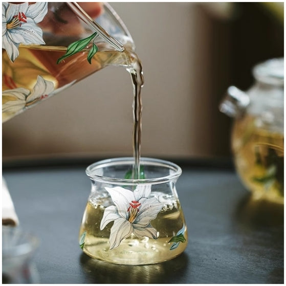 Glass Borosilicate - Tea Coffee Espresso Cup 50ml, Set of 2 - Floral Printed - Frangipani White