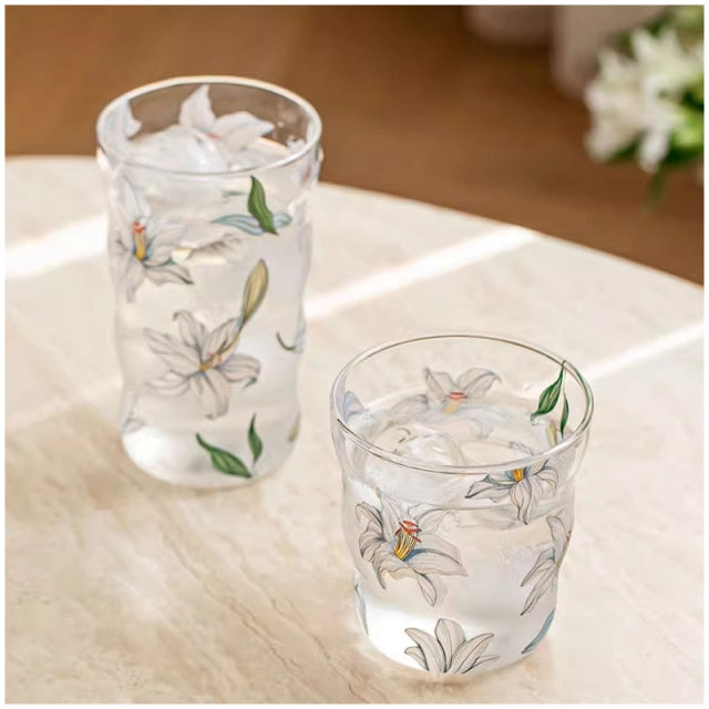 Glass Borosilicate - Water Glass 450ml, Set of 4 - Floral Printed - Frangipani White