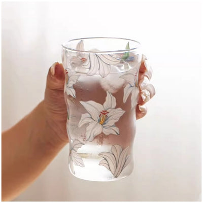 Glass Borosilicate - Water Glass 450ml, Set of 4 - Floral Printed - Frangipani White