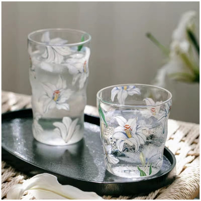 Glass Borosilicate - Water Glass 450ml, Set of 4 - Floral Printed - Frangipani White