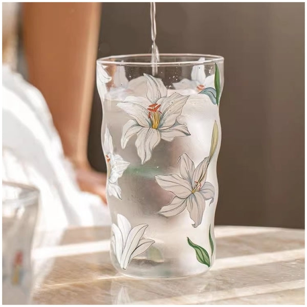 Glass Borosilicate - Water Glass 450ml, Set of 4 - Floral Printed - Frangipani White
