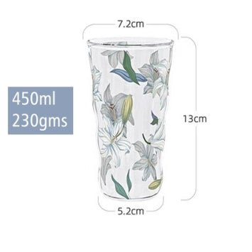 Glass Borosilicate - Water Glass 450ml, Set of 4 - Floral Printed - Frangipani White
