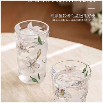 Glass Borosilicate - Water Glass 450ml, Set of 4 - Floral Printed - Frangipani White