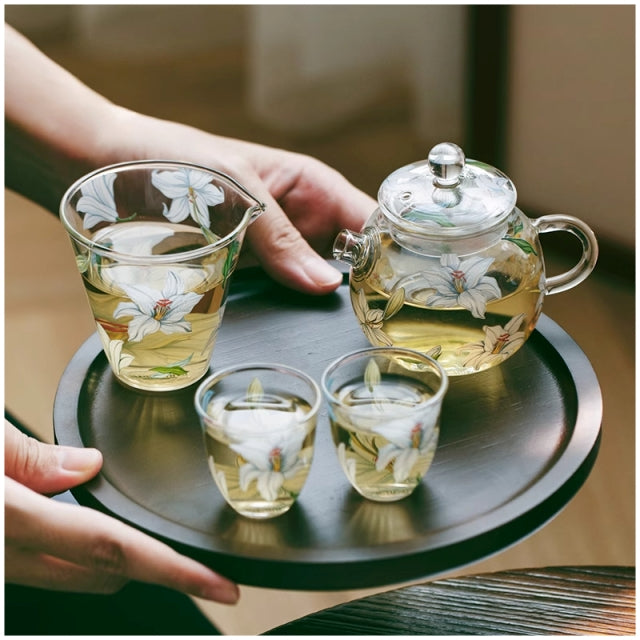 Glass Borosilicate - Mini Green Tea/Coffee Pot - 120 ml - Floral Printed - Frangipani White