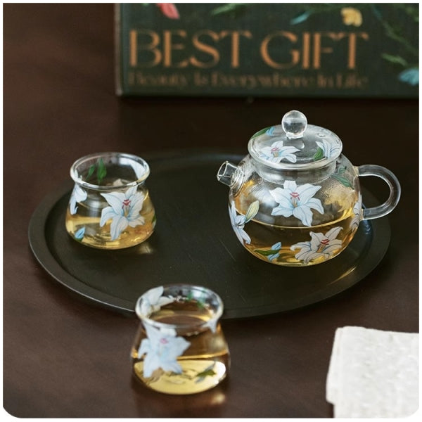 Glass Borosilicate - Mini Green Tea/Coffee Pot - 120 ml - Floral Printed - Frangipani White