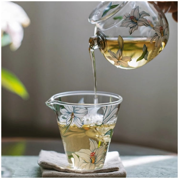 Glass Borosilicate - Mini Green Tea/Coffee Pot - 120 ml - Floral Printed - Frangipani White