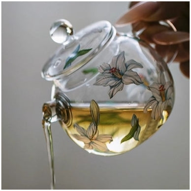 Glass Borosilicate - Mini Green Tea/Coffee Pot - 120 ml - Floral Printed - Frangipani White