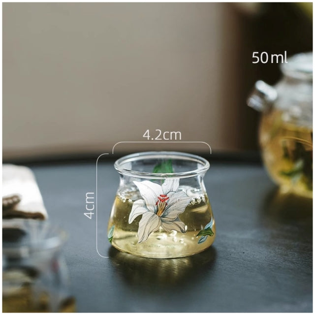 Glass Borosilicate - Mini Green Tea/Coffee Pot - 120 ml - Floral Printed - Frangipani White
