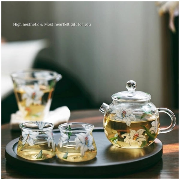 Glass Borosilicate - Mini Green Tea/Coffee Pot - 120 ml - Floral Printed - Frangipani White