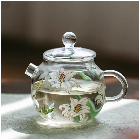 Glass Borosilicate - Mini Green Tea/Coffee Pot - 120 ml - Floral Printed - Frangipani White