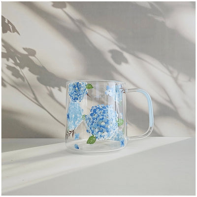 Glass Borosilicate - Measuring Cup, Floral Printed - Hydrangea Blue