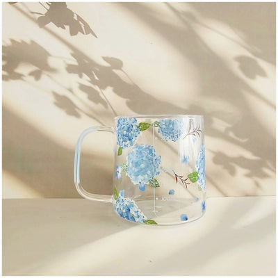 Glass Borosilicate - Measuring Cup, Floral Printed - Hydrangea Blue