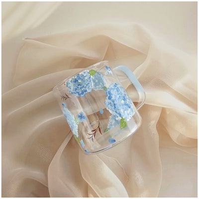 Glass Borosilicate - Measuring Cup, Floral Printed - Hydrangea Blue