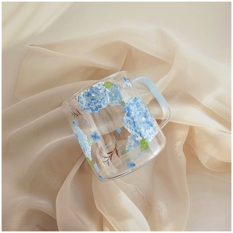 Glass Borosilicate - Measuring Cup, Floral Printed - Hydrangea Blue