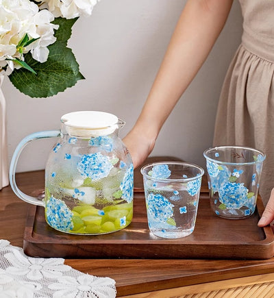 Glass Borosilicate - Water Pitcher Jug - 1100 ml - Floral Printed - Hydrangea Blue