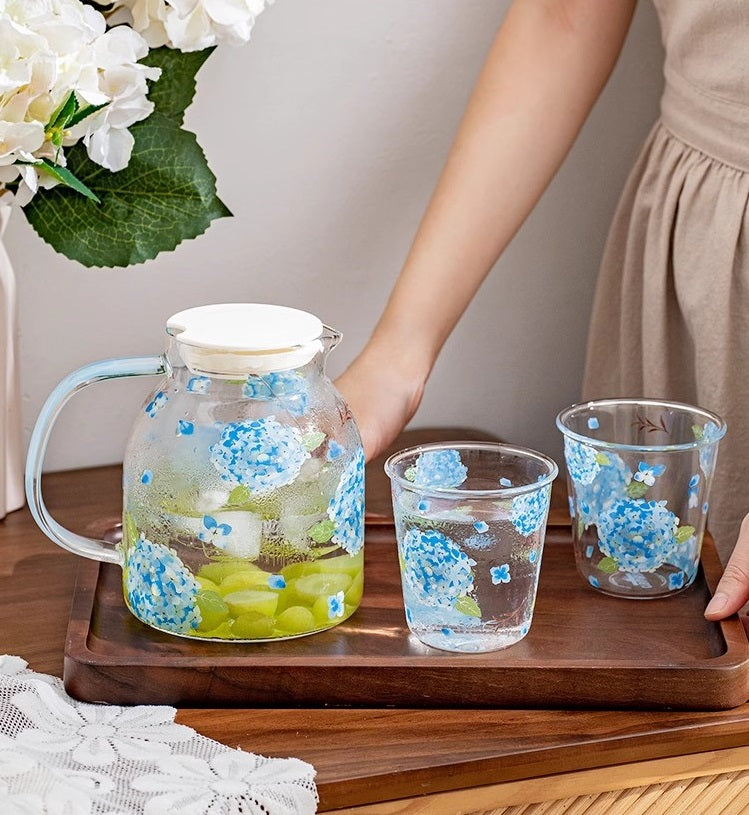 Glass Borosilicate - Water Pitcher Jug - 1100 ml - Floral Printed - Hydrangea Blue