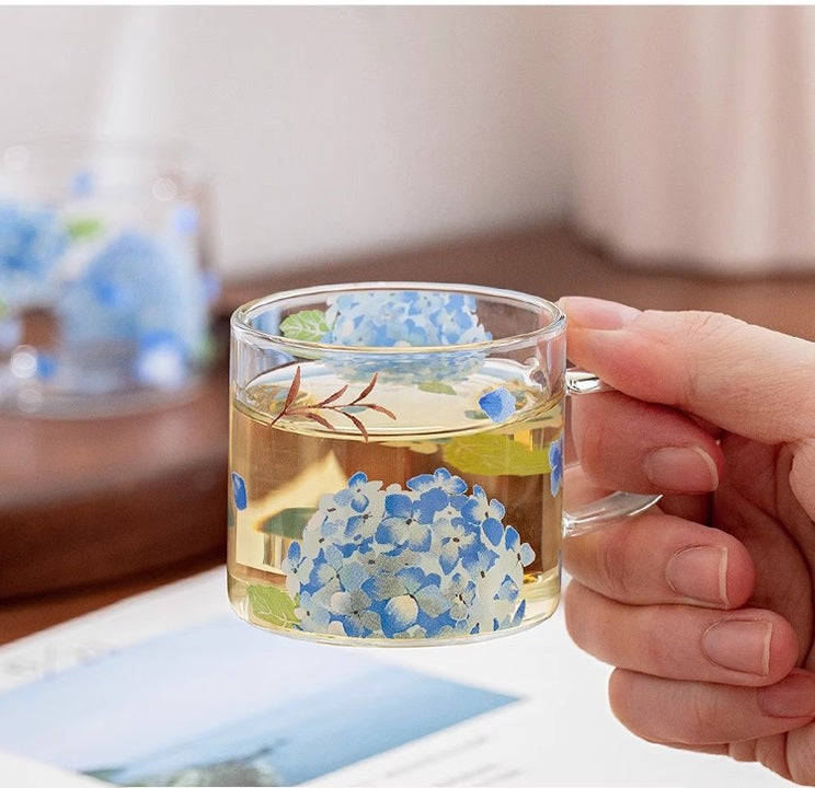 Glass Borosilicate - Tea Coffee Water Cup 90ml, Set of 2 - Floral Printed - Hydrangea Blue