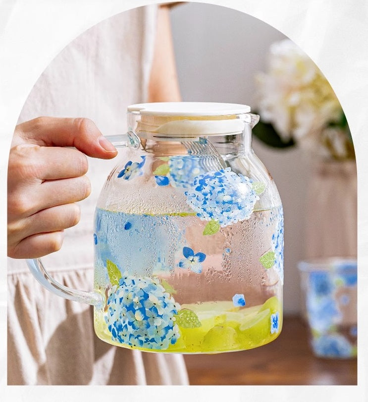Glass Borosilicate - Tea Coffee Water Cup 90ml, Set of 2 - Floral Printed - Hydrangea Blue