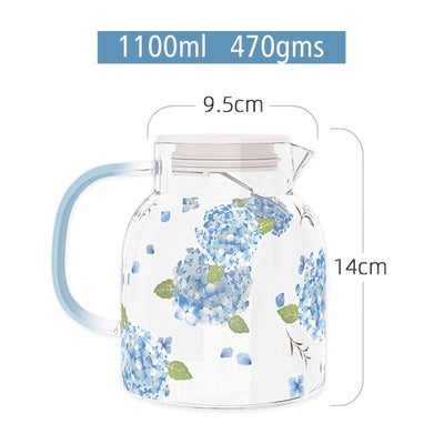 Glass Borosilicate - Water Pitcher Jug - 1100 ml - Floral Printed - Hydrangea Blue