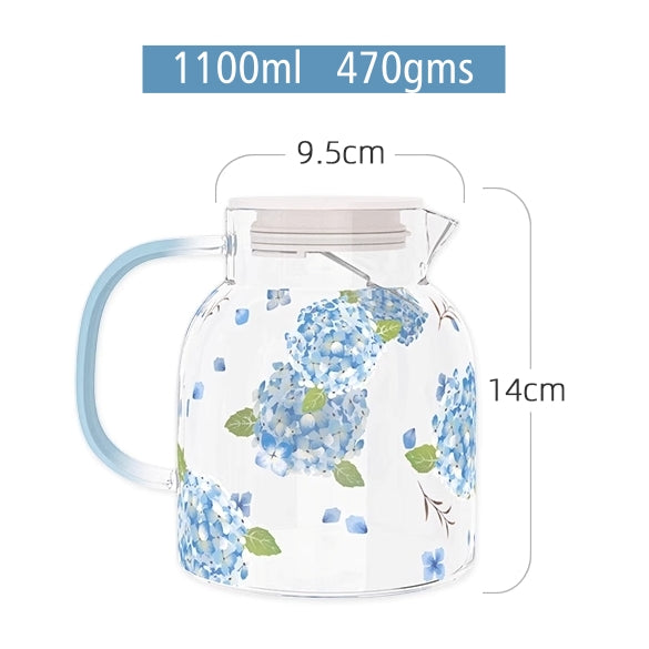Glass Borosilicate - Water Pitcher Jug - 1100 ml - Floral Printed - Hydrangea Blue
