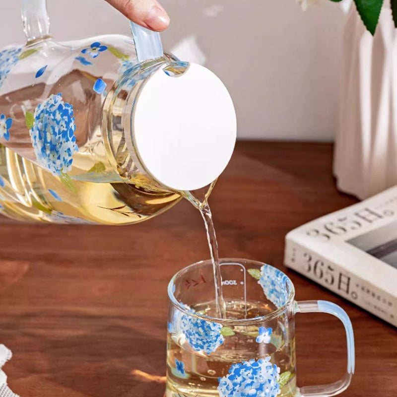 Glass Borosilicate - Tea Coffee Water Cup 90ml, Set of 2 - Floral Printed - Hydrangea Blue